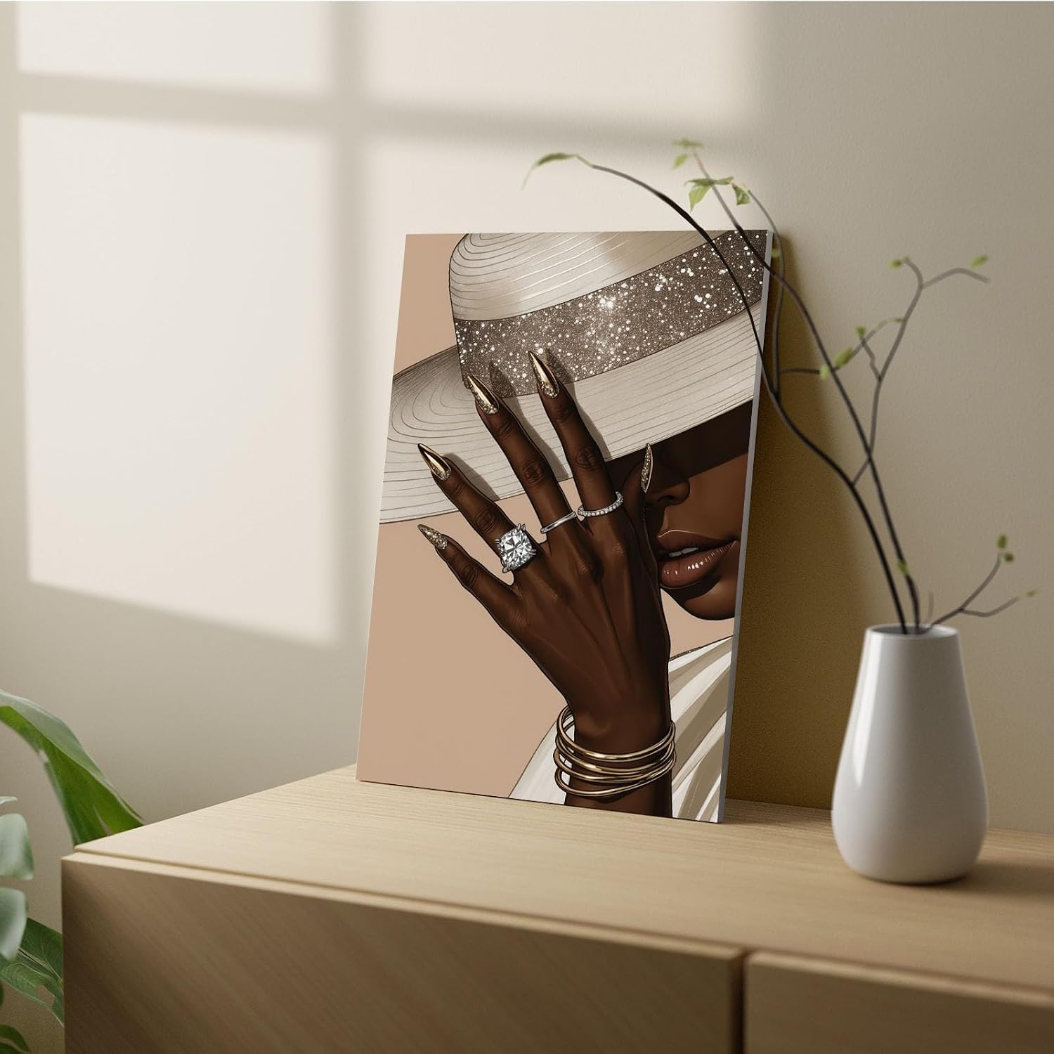 Fashion wall painting Black girl with white hat Canvas painting African poster is a good choice for room decoration Simple art 28x40in Wood Framed