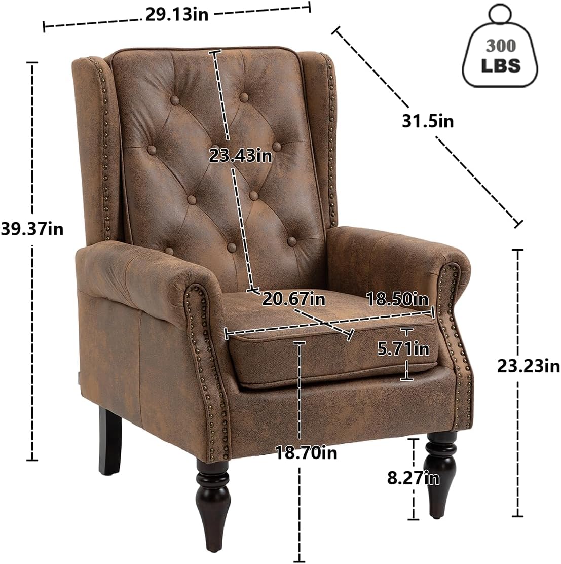 Mid-Century High Wingback Chair, Microfiber Accent Chair Armchair with Buttons,Modern Living Room Chairs with Rivet Decoration,Leisure Single Sofa Chair for Bedroom,Club,Home Reception (Coffee.)