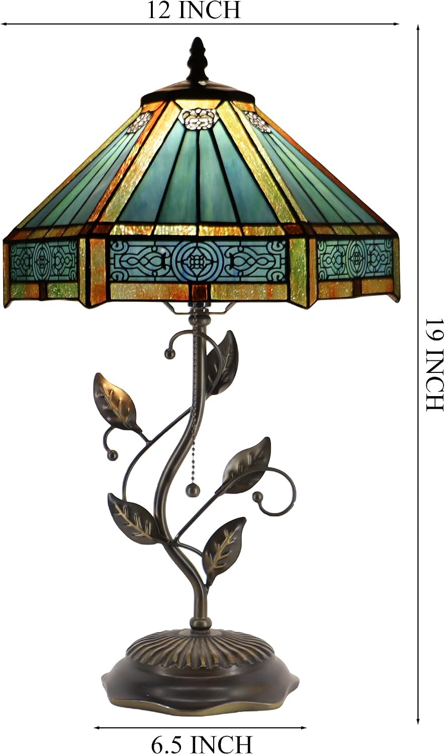 Tiffany Table Lamp Stained Glass Desk Lamp Metal Leaf Base Reading Light 12X19 Inch (Hexagon Mission Style)