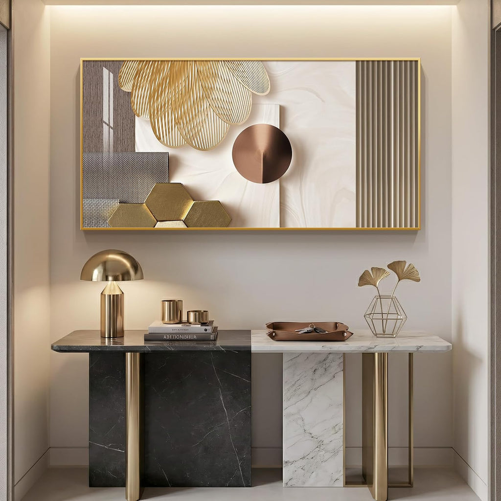 Large Framed Modern Luxury Gold Wall Art for Living Room, Horizontal Bright Style Artwork for Walls, Contemporary Geometric Picture Prints Painting Decor for Bedroom Hallway Dining Room 56x28 Inch