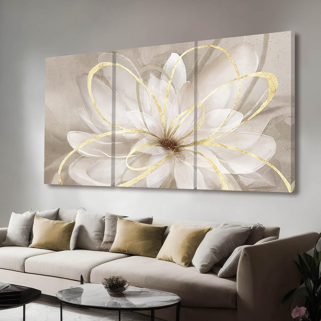 Kureful Gold Wall Art Pictures for Bedroom Flowers Wall Decor Floral Posters Art 3 Piece Wall Decorations Minimalist Decor for Walls 20'x 26'x 3