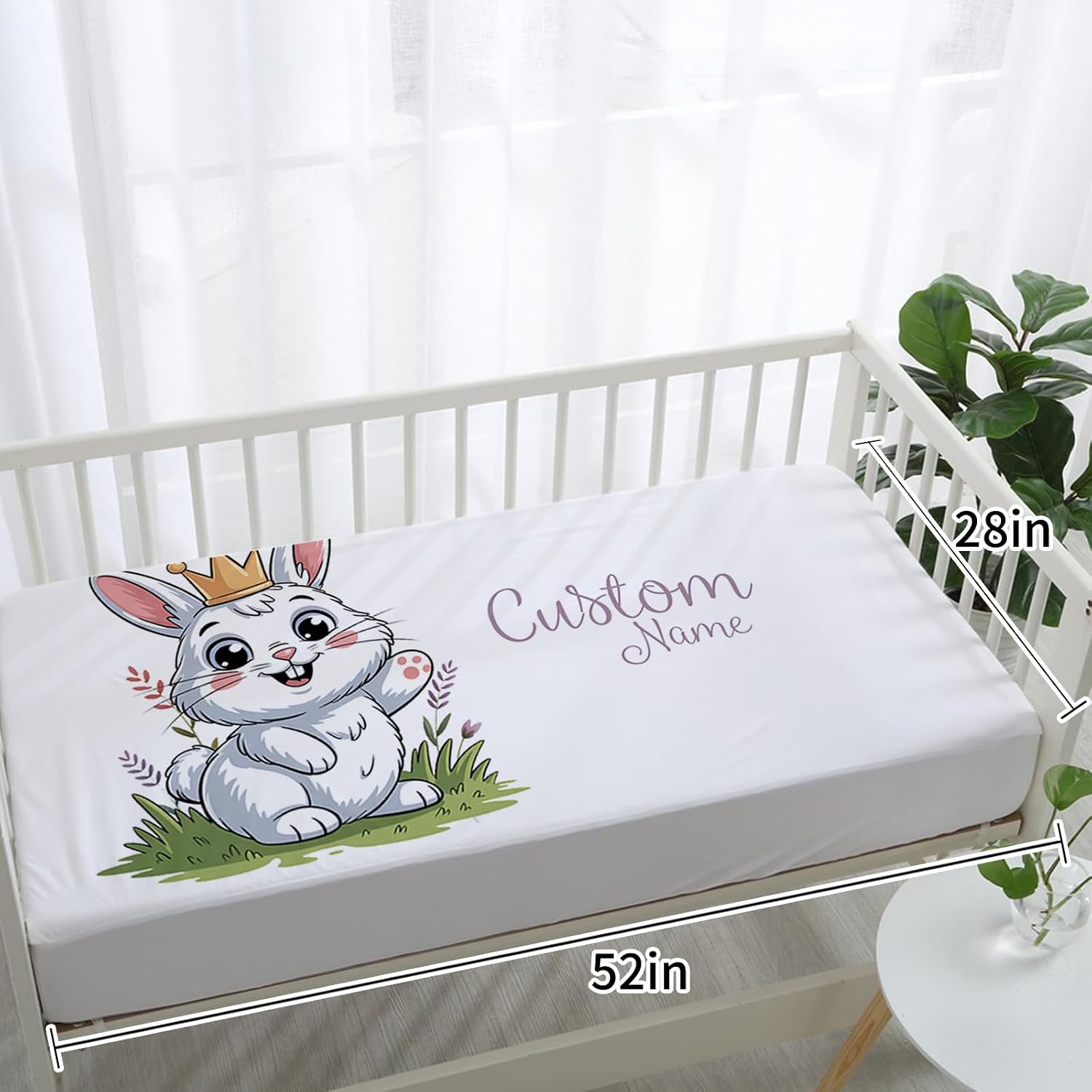 Personalized Crib Bedding Set for Baby Girls, Custom Name Baby Crib Sets 5-Pcs Include Toddler Double Layer Blanket Fitted Sheet Changing Pad Cover Rug Wall Art Set, Gray Rabbit Themes Nursery Décor