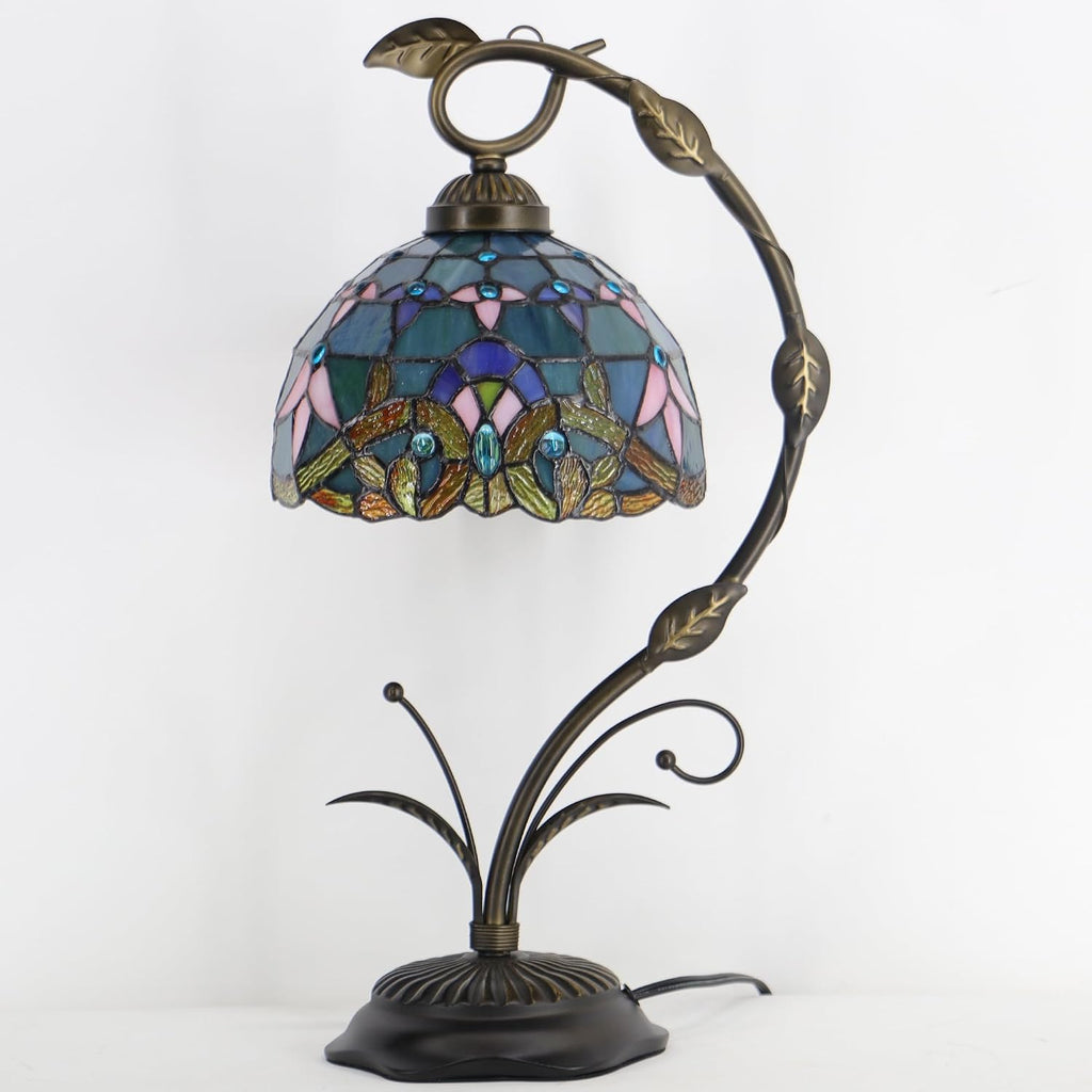 Tiffany Lamp Stained Glass Table Lamp Metal Leaf Base 8X10X19 Inch Reading Desk Light (Baroque Style)