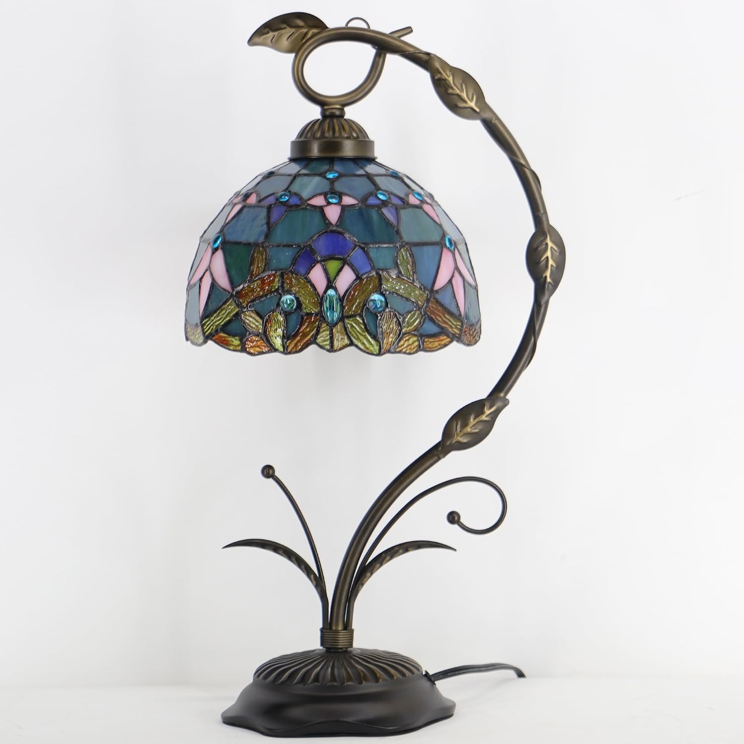 Tiffany Lamp Stained Glass Table Lamp Metal Leaf Base 8X10X19 Inch Reading Desk Light (Baroque Style)