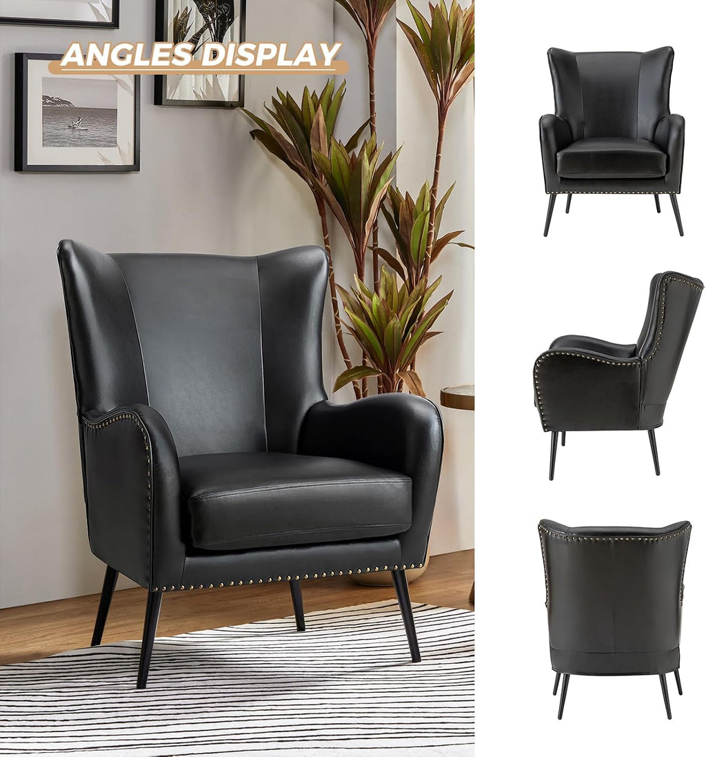 HULALA HOME Faux Leather Accent Chair Set of 2 with Removable Cushion, Comfy Upholstered Armchair with Metal Legs & Nailhead Trim Wingback Vanity Chair for Reading Living Room Bedroom, Black