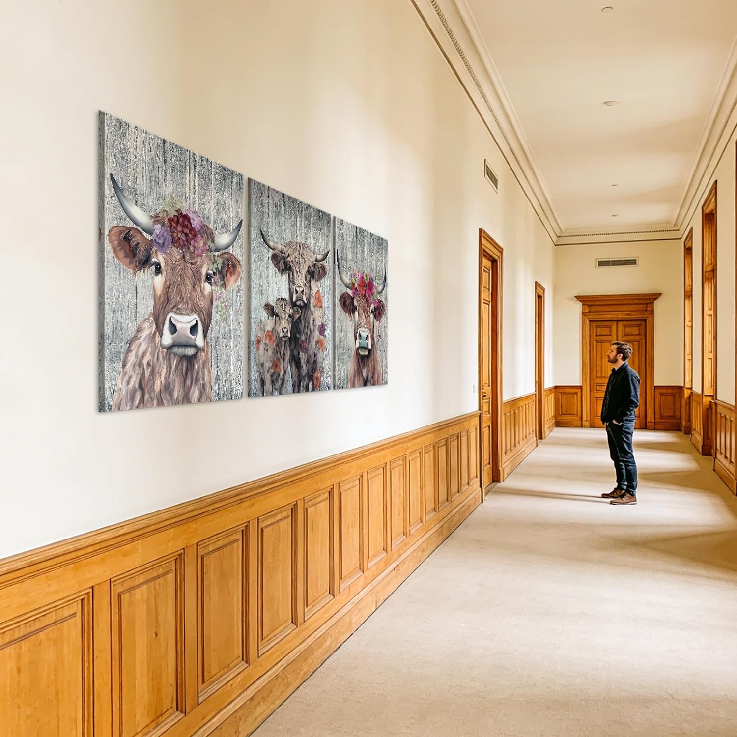 Cow Pictures Canvas Wall Art with Built-in Wooden Frame - Farmhouse Highland Cow Wall Decor & Rustic Animals Paintings Posters for Home Decoration - Lightweight & Easy Hanging, 24x36x3 Inches