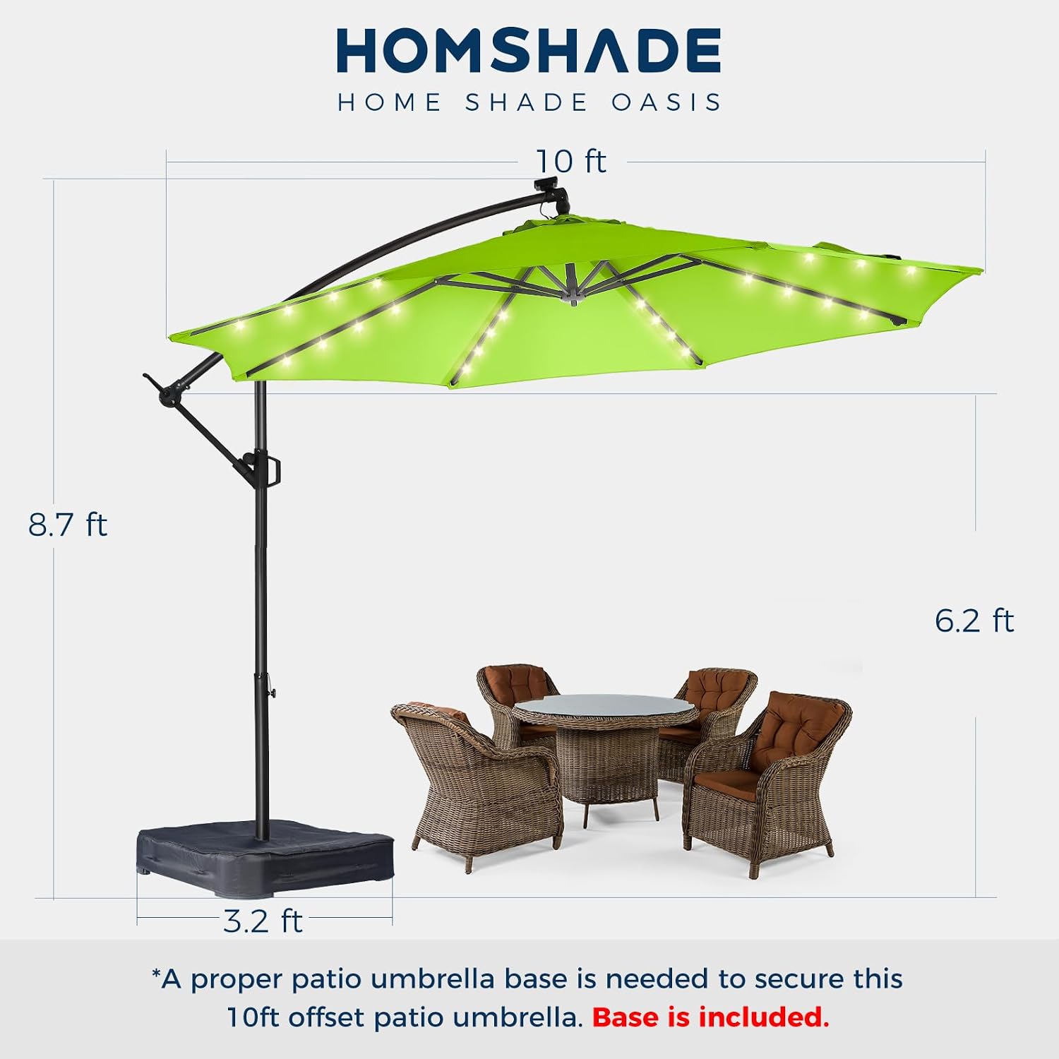 HOMSHADE 10ft Solar Lights Offset Cantilever Patio Umbrella - with Light and Base, LED Lighted Offset Hanging Patio Outdoor Market Umbrella UPF50+ UV Protection with Easy Tilt and Crank (Apple Green)