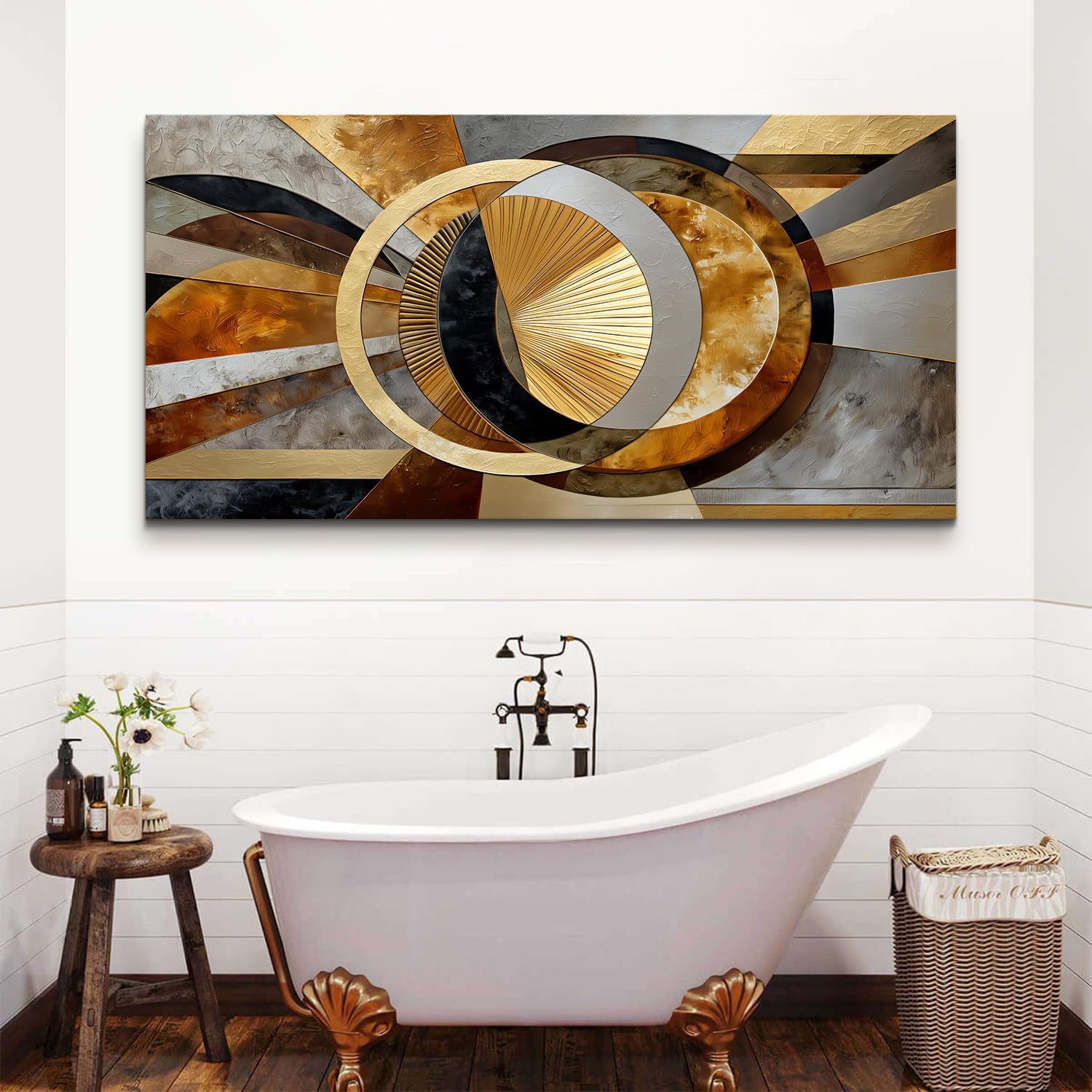 Big Abstract Wall Art Geometric Line Canvas Prints Pictures Modern Office Wall Decor Black and Gold Gray Stroke Ink Painting Mid Century Artwork Poster for Living Room Office Home Decorations 75x147cm