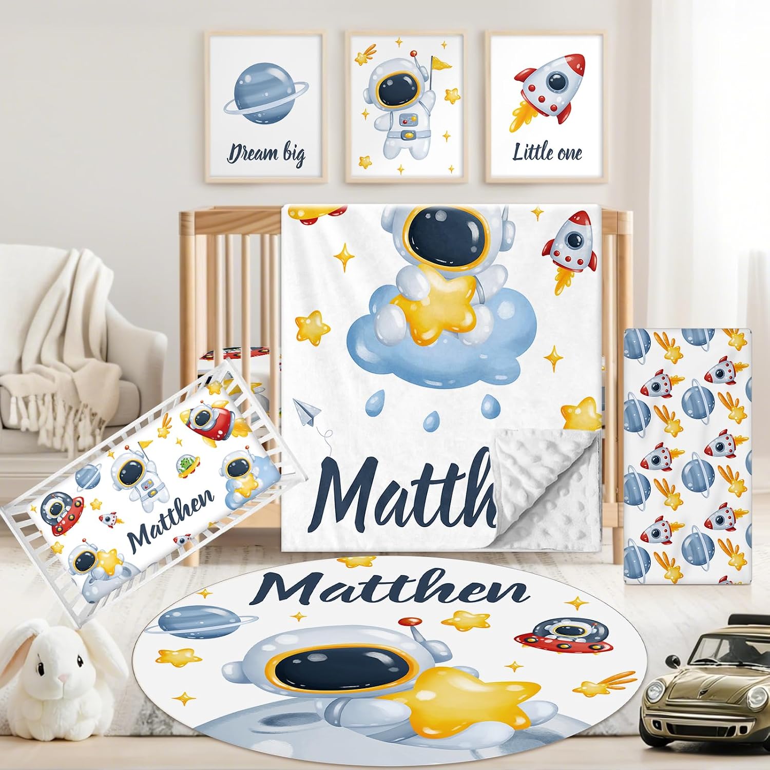 Custom Baby Crib Bedding Set, 5 PCS Personalized Name Baby Crib Sets for Girls Boys, Spaceman Theme Nursery Bedding Sets for Infant Toddler, Double Layer Flannel Bed Set Customized Gifts