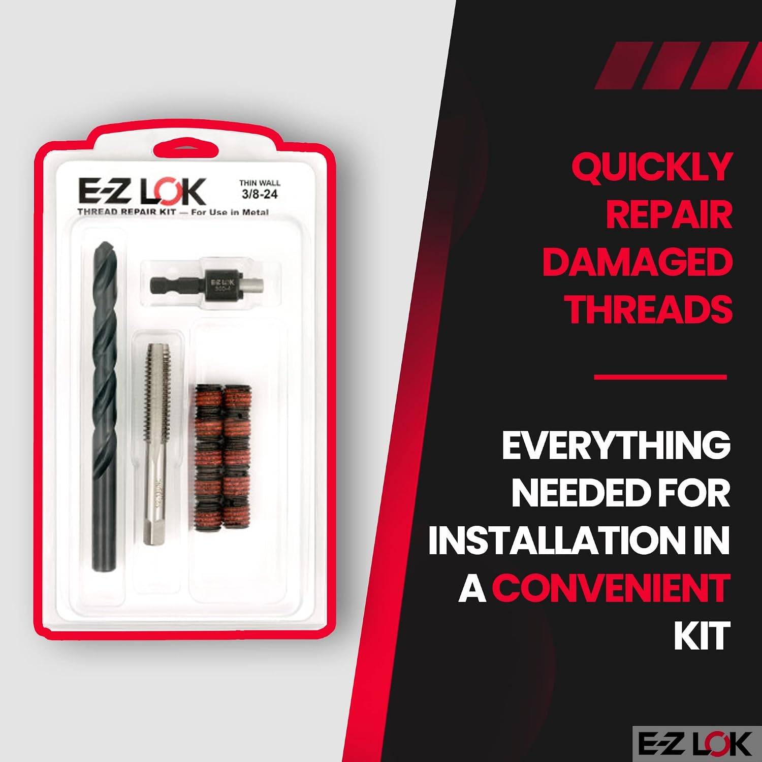 E-Z LOK EZ-310-6 Thread Repair Kit for Metal Carbon Steel Threaded Inserts 3/8-16 and Installation Tools