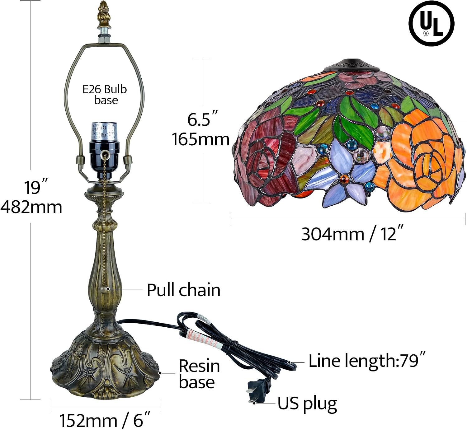 Tiffany Style Stained Glass Table Lamp, Floral Pattern Desk Light with Antique Bronze Resin Base, Red Roses Decorative Lighting for Bedroom, Living Room, Office 12X12X19 Inch