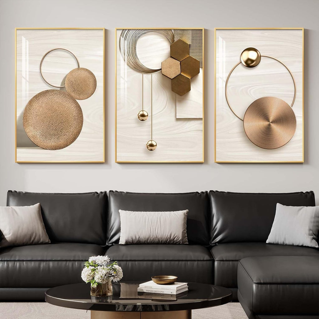 Large Modern Elegant Gold Framed Luxury Wall Art, 3 Piece Bright Glam Art Prints Paintings Artwork for Walls, Bronze Gold Geometric Pictures for Living Room Dining Room Bedroom Wall Decor 20x30 In