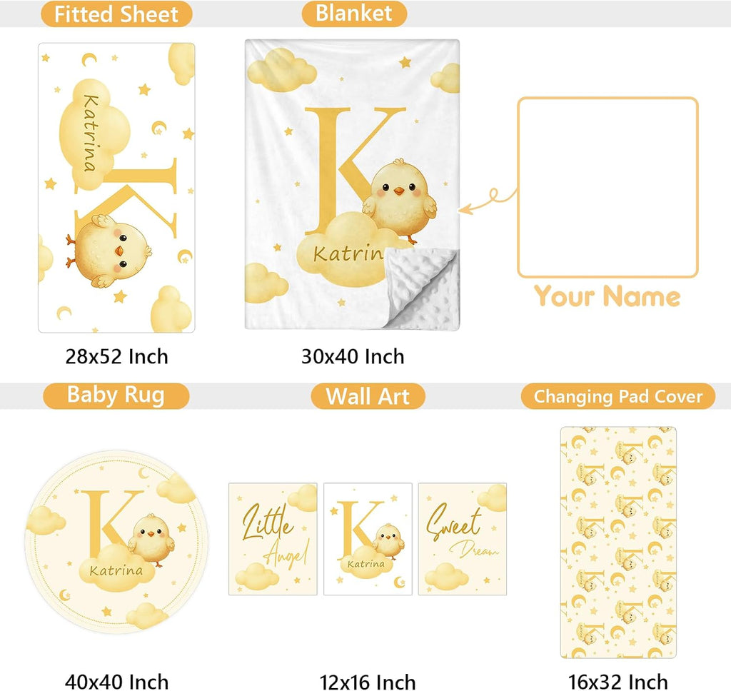 Terwex Personalized Crib Bedding Set, 5 Pcs Custom Nursery Bedding Sets with Name, Infant Bedding Set for Baby Girl Boy, Yellow Chick Double Layer Baby Crib Set, Toddlers Babies Kids Customized Gifts