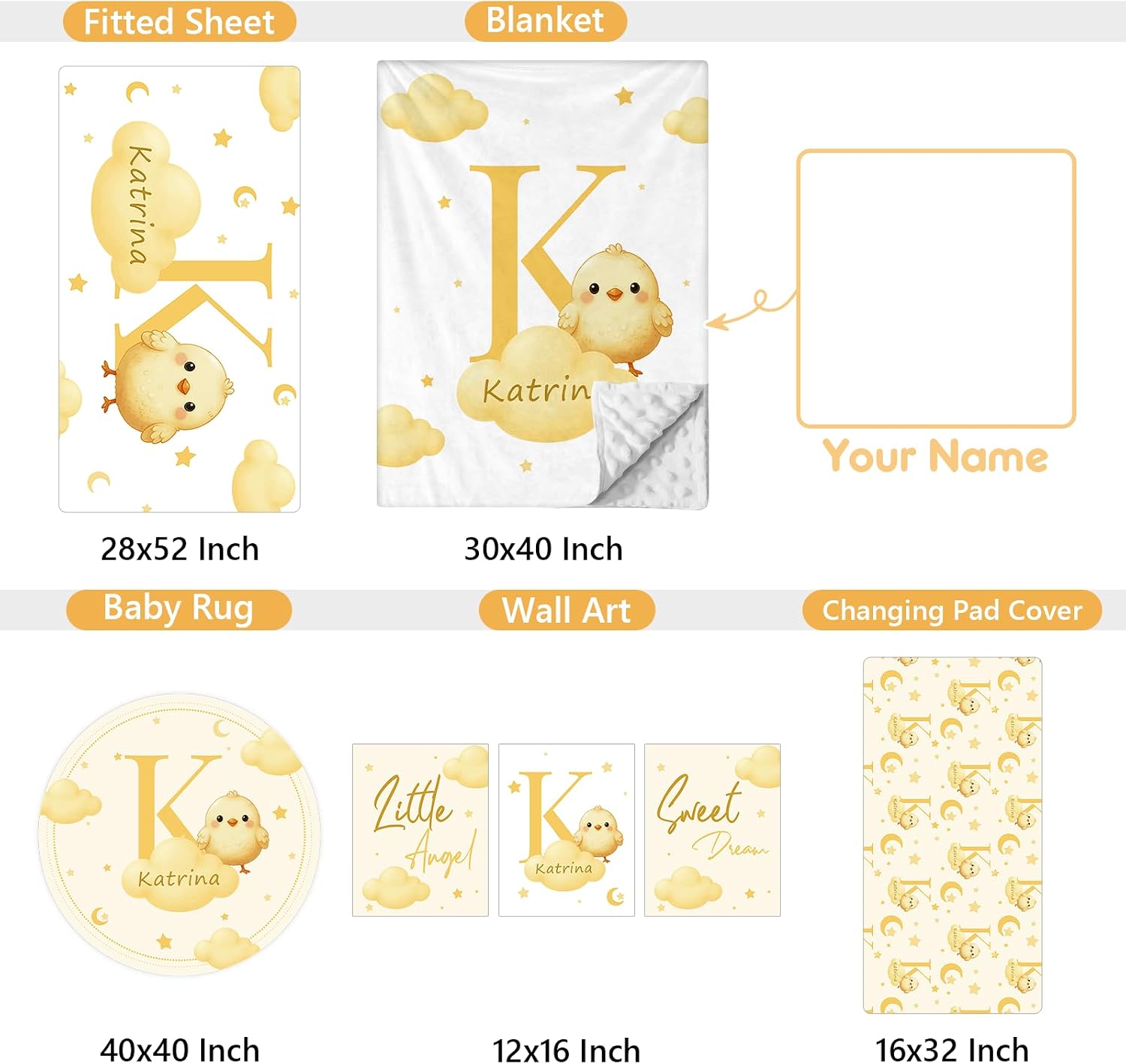 Terwex Personalized Crib Bedding Set, 5 Pcs Custom Nursery Bedding Sets with Name, Infant Bedding Set for Baby Girl Boy, Yellow Chick Double Layer Baby Crib Set, Toddlers Babies Kids Customized Gifts
