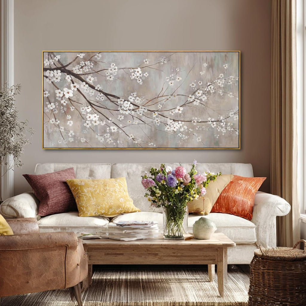 Flowers Wall Art Grey Pictures Wall Painting Large Framed Canvas Art Landscape Artwork for Dining Room Home 29'x 58' Ready to Hang
