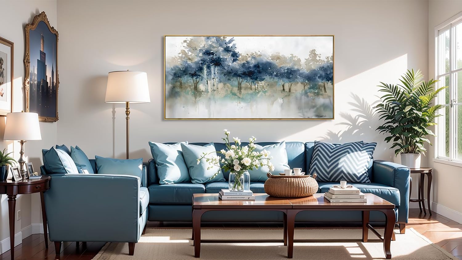 Wall Art Landscape Modern Wall Decor Canvas Painting Blue Ink Wall Art Large Artwork for Living Room Bedroom Office Home Decor 24'x48' with Framed