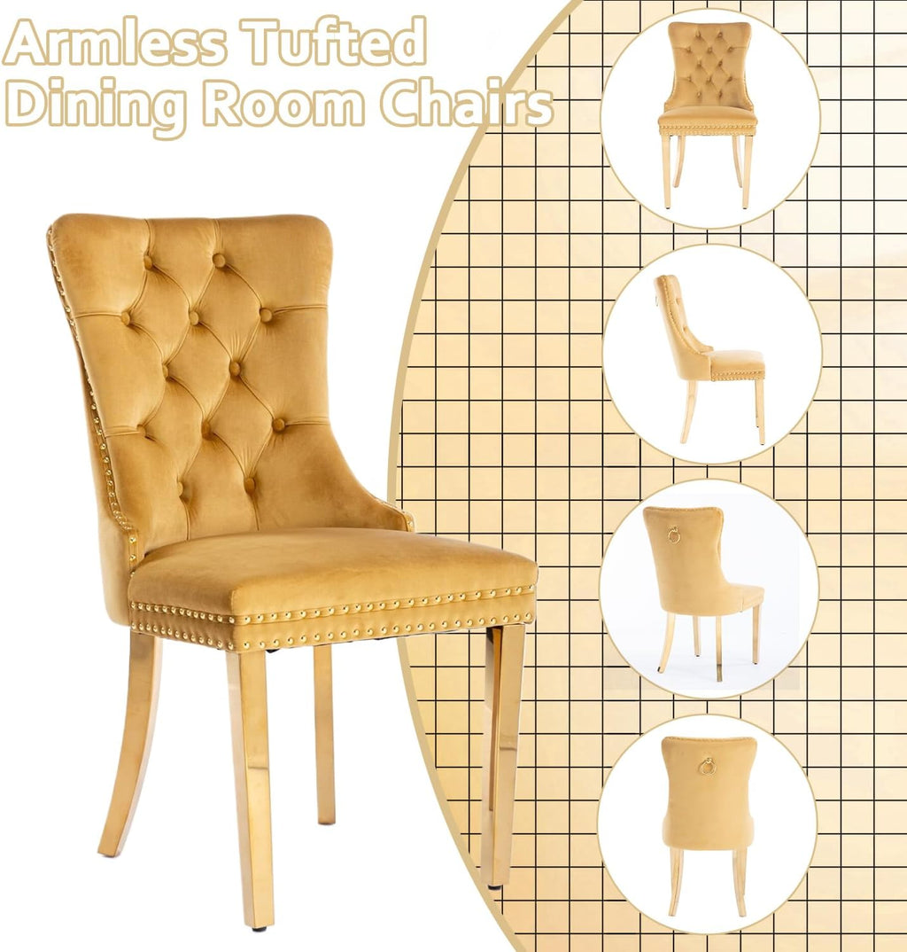 2 Piece Contemporary Velvet Upholstered Dining Chair with Chrome Stainless Steel Plating Legs, Nail Head Decro, Armless Tufted Dining Chair Fabric Dining Room Chair (Gold, Set of 2)