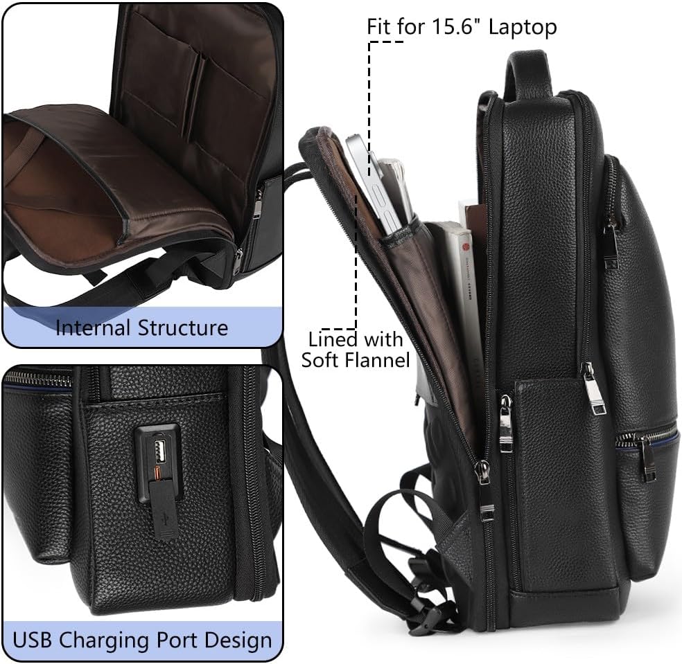 Full Grain Genuine Leather Backpack for Men Multi-Functional 15.6' Laptop Backpack with USB Charging, Black Business Travel Backpack Work Rucksack Daypack