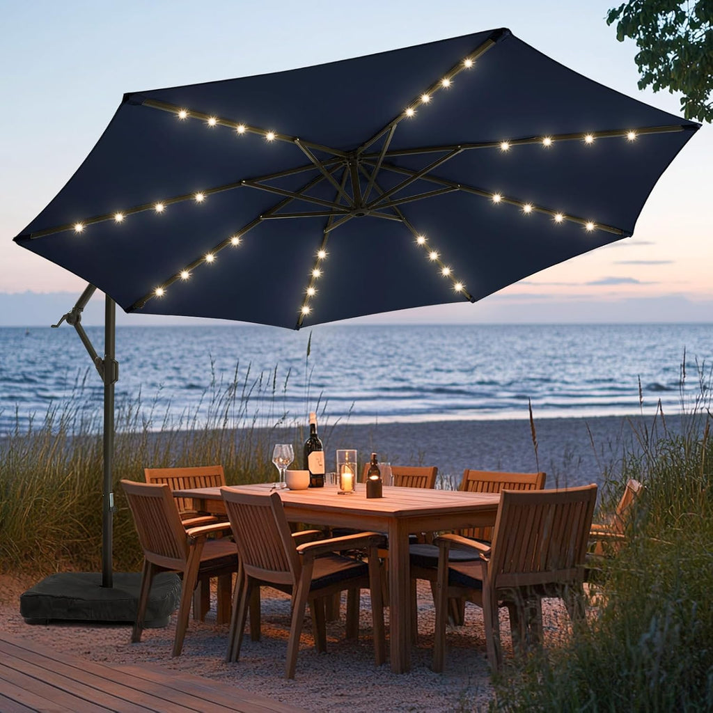 wikiwiki 10FT Solar Patio Offset Umbrella with Base Included, Outdoor Cantilever Umbrella Hanging Umbrellas with Weighted Sandbag Base, Market Patio Umbrella for Backyard, Garden & Deck, Dark Blue