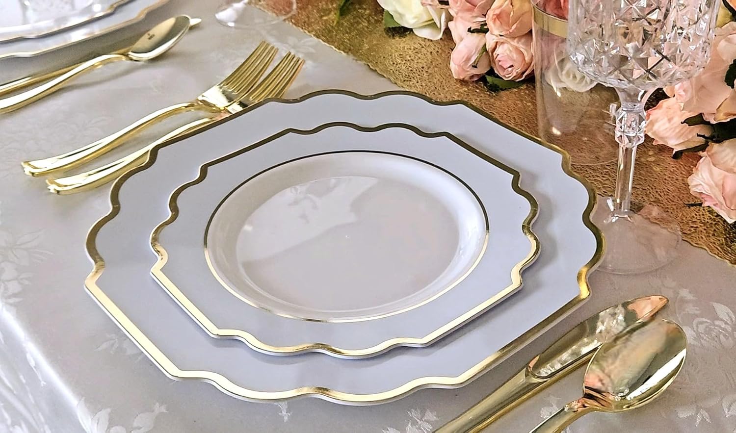 ' OCCASIONS ' 960 Piece set (120 Guests)-Heavyweight Wedding Party Disposable Plastic Plate Set - 120 x 10.5'' + 120 x 8'' + Silverware + Cups + Napkins (Imperial in White & Blue & Gold)