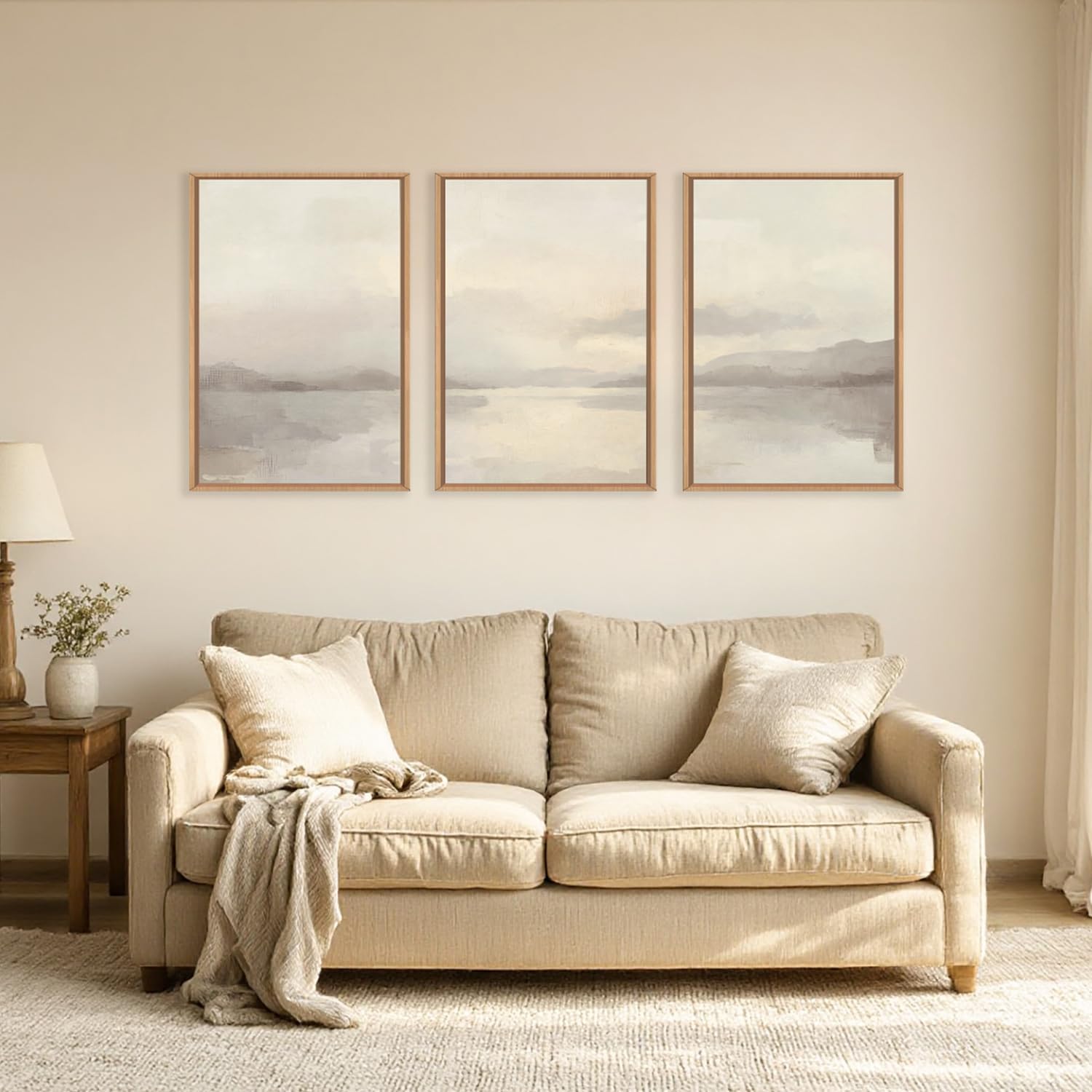 LHIUEM Large Abstract Neutral Beige Pastel Framed Canvas Wall Art,Modern Watercolor Lakes Wall Decor,Nature Mountain Minimalist Artwork for Living Room,Bedroom,Dining Room,Office -24'x36'x3