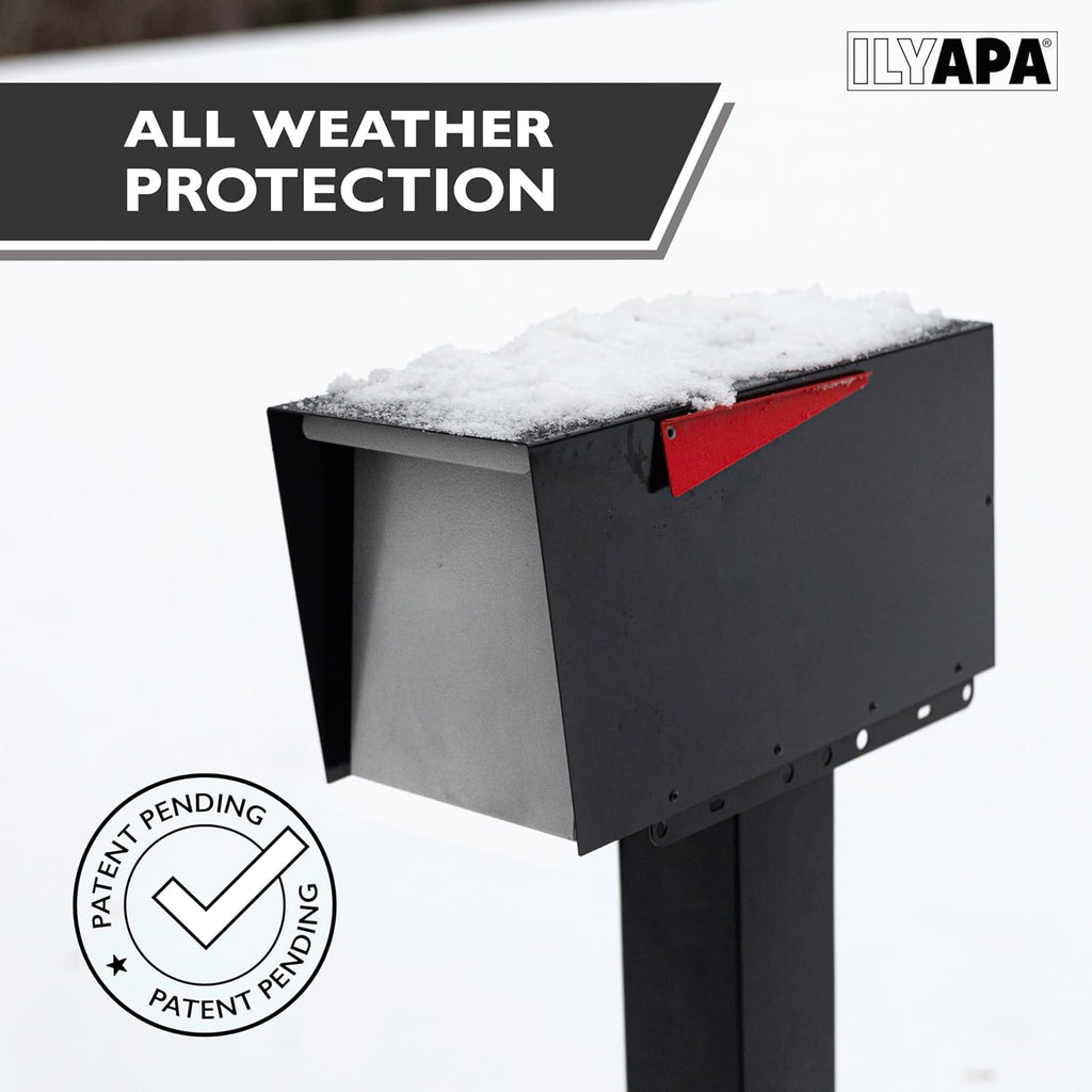 Ilyapa Modern Black Post Mount Mailbox with Gray Door & Waterproof Steel; Includes Heavy-Duty 43' Mailbox Post Sleeve with Universal Mounting Brackets for Parcels & Mail