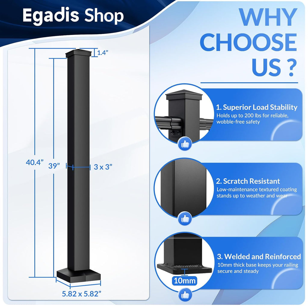 Egadis 4 Pack 3 in. x 3 in. x 39 in. Aluminum Railing Post, Porch and Deck Railing Post with Screws, Black Textured AAMA 2604 Powder-Coat Finish Stair Post for Decks, Porches & Balconies