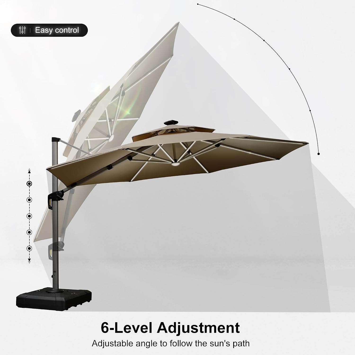 PURPLE LEAF 12ft Solar powered LED Patio Umbrella Outdoor Round Umbrellas Large Cantilever Umbrellas with LED lights Windproof Offset Umbrella Heavy Duty Sun Umbrella for Garden Deck Pool Patio, Beige