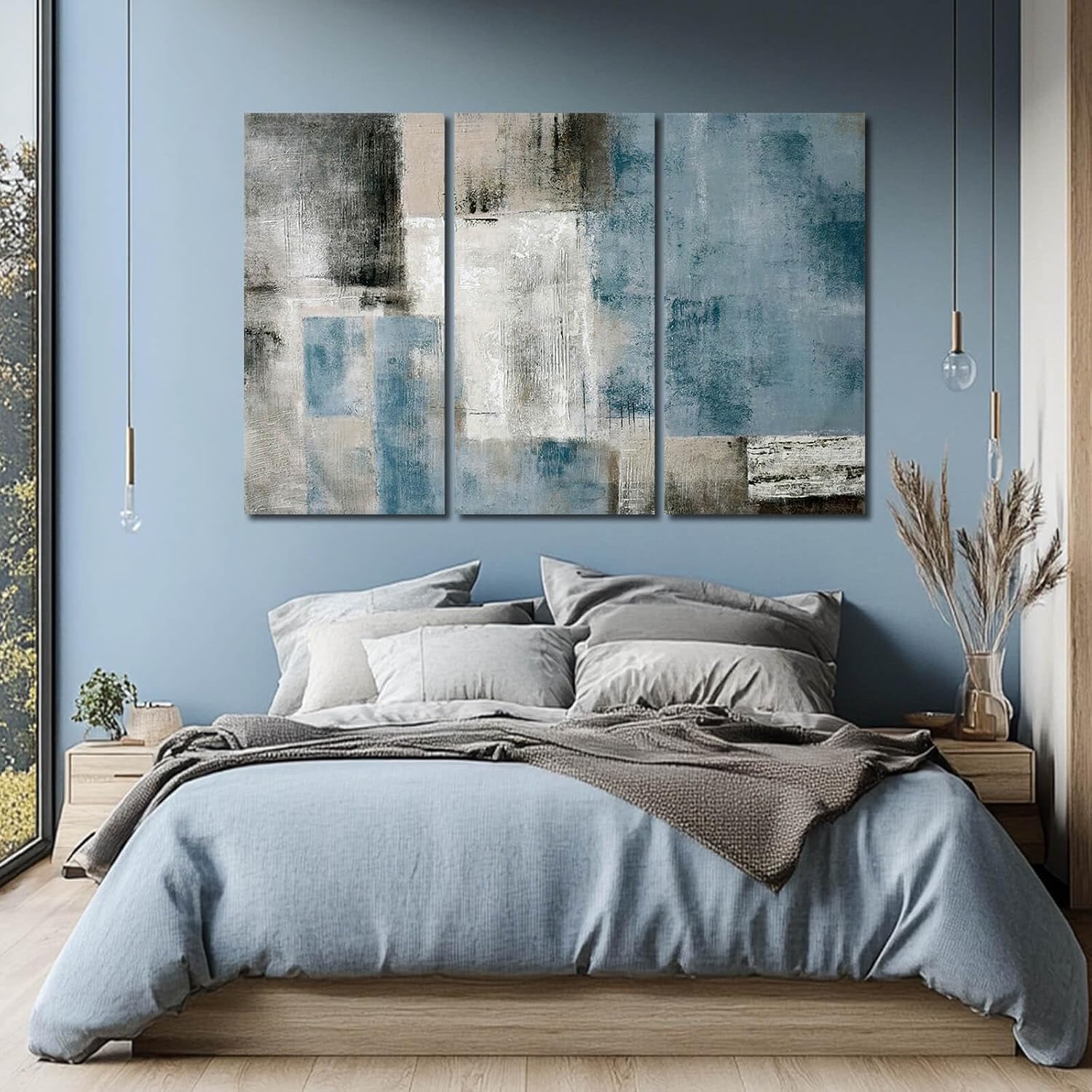 SDYA Blue Abstract Wall Art Set Of 3 Canvas,20x40 Inch Modern Blue Grey Minimalist Painting, Contemporary Wall Decor for Living Room Bedroom Office