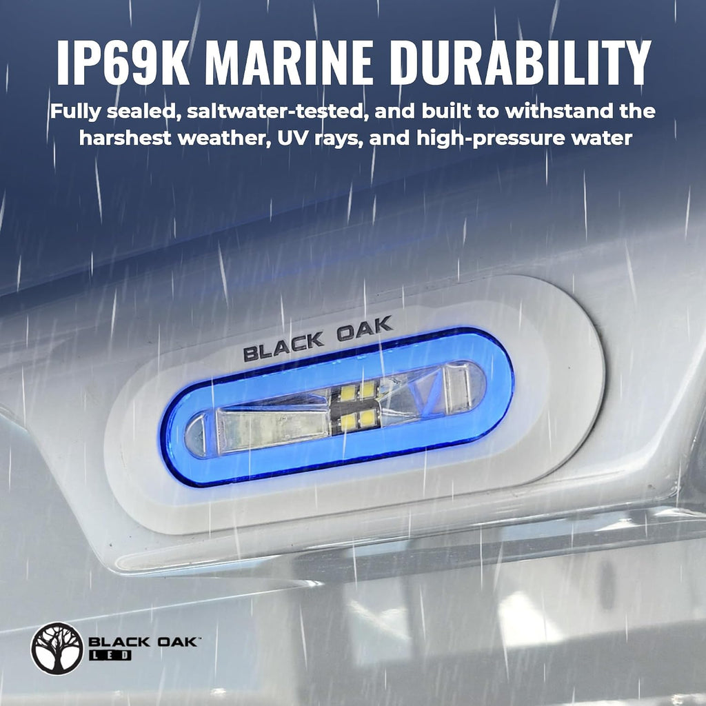 Black Oak Low Pro™ Marine Spreader Light – 2000 Lumens, 120° Beam, IP69K Rated – Flush Mount LED Deck/Dock Fixture for Boats (Black Housing, Amber Halo)