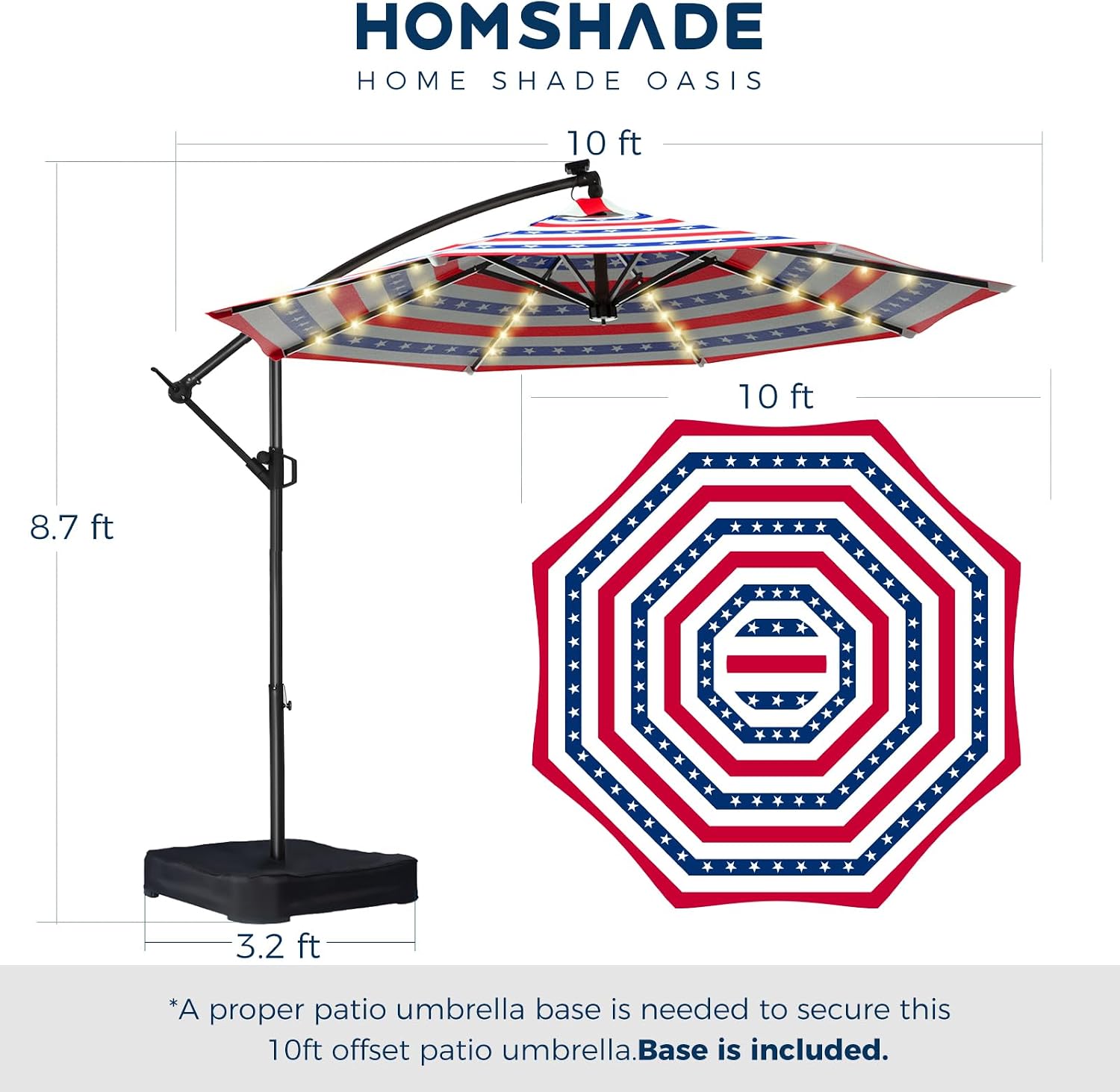 10ft Solar LED Cantilever Patio Umbrella, Stars and Stripes Patriotic Design Offset Outdoor Umbrella, Large Red White Blue Sun Shading with Base, Flag-Themed Decor for 4th of July, Memorial Day