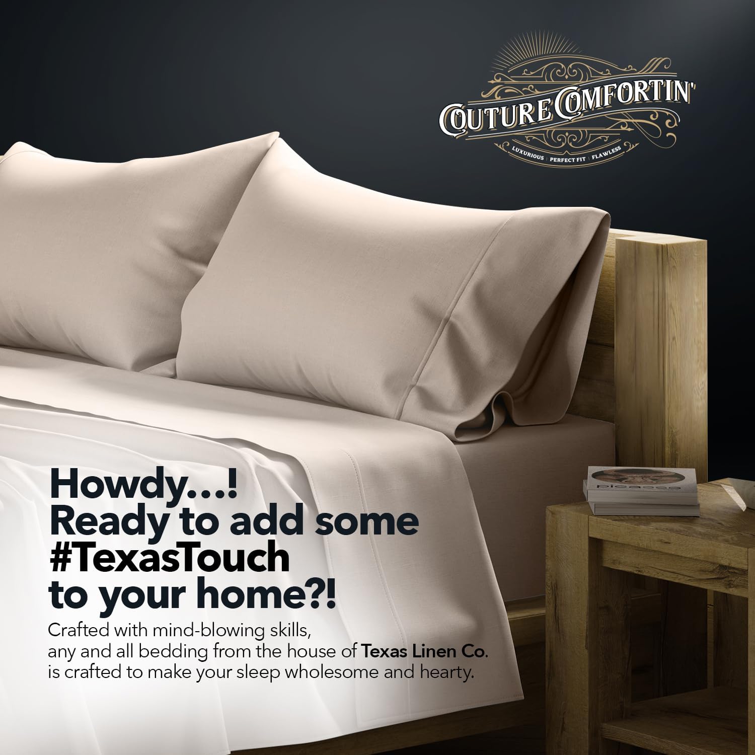 TEXAS LINEN CO. 100% Egyptian Cotton King Sheets Set - Luxury 1500 Series Couture Comfortin' Collection Egyptian Cotton Sheets King Size Bed Set (4 PC, Taupe), 17' Deep Pocket, Hotel Bedding Set