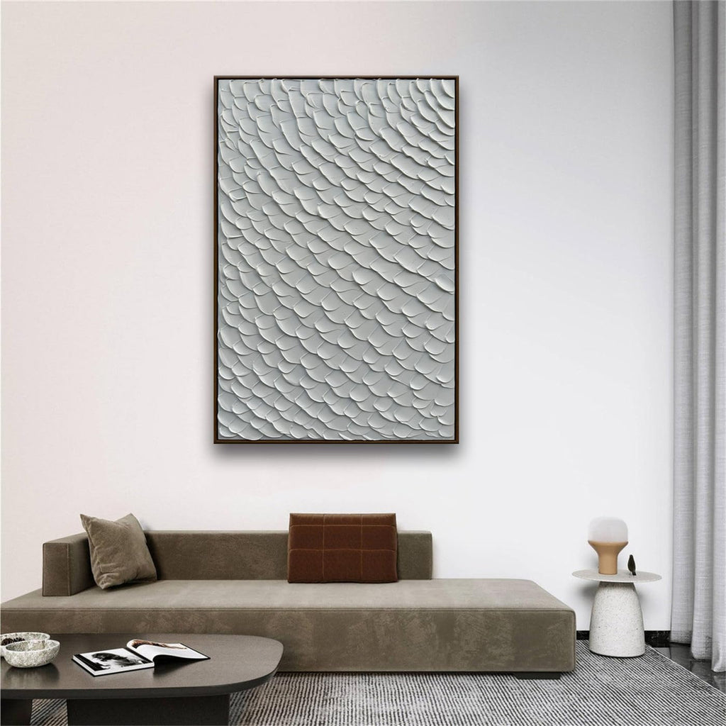 Slyart White Textured Wall Art, Handmade Mermaid Painting Framed Artwork, 3D Vertical Canvas Abstract White Wall Art 24'*36'