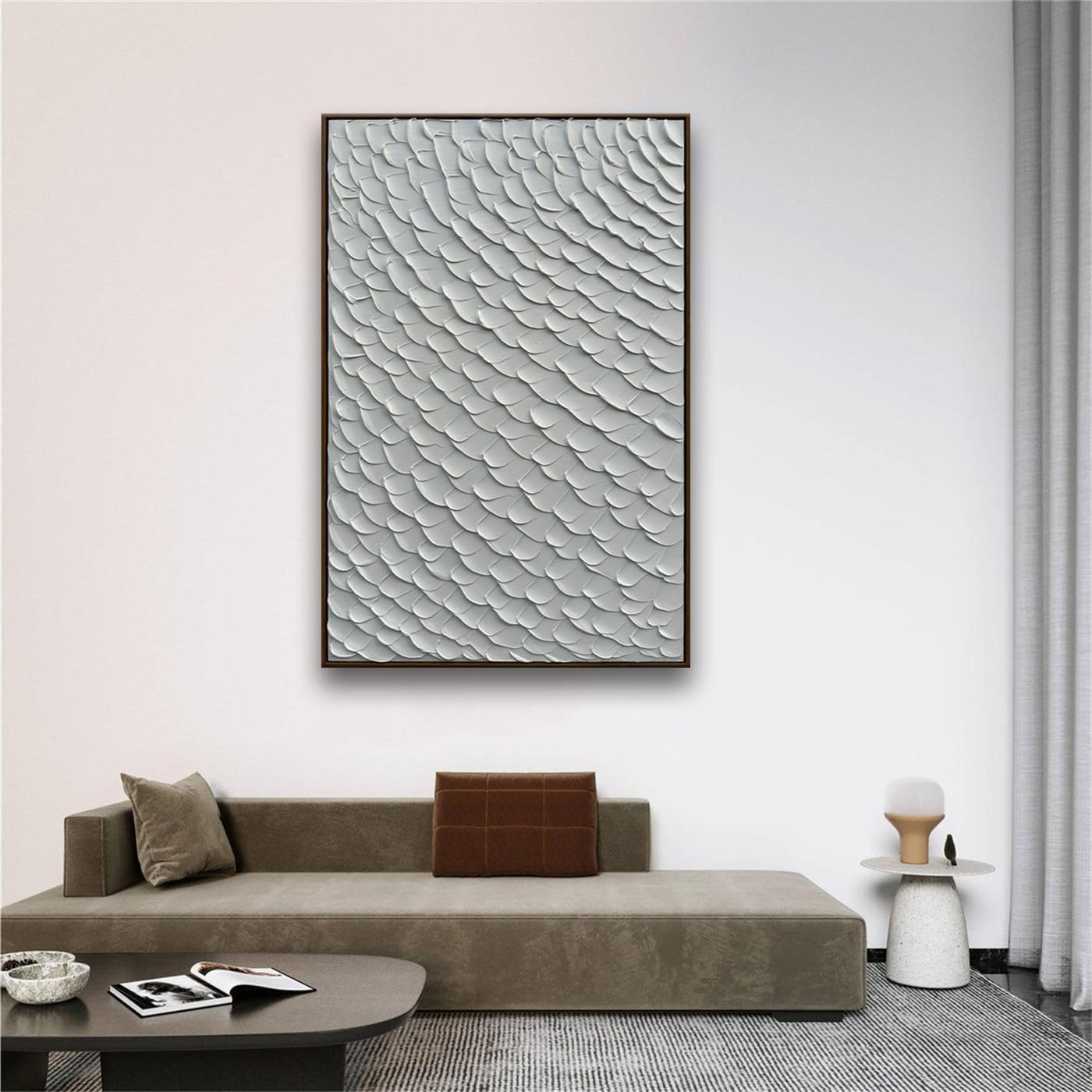 Slyart White Textured Wall Art, Handmade Mermaid Painting Framed Artwork, 3D Vertical Canvas Abstract White Wall Art 24'*36'