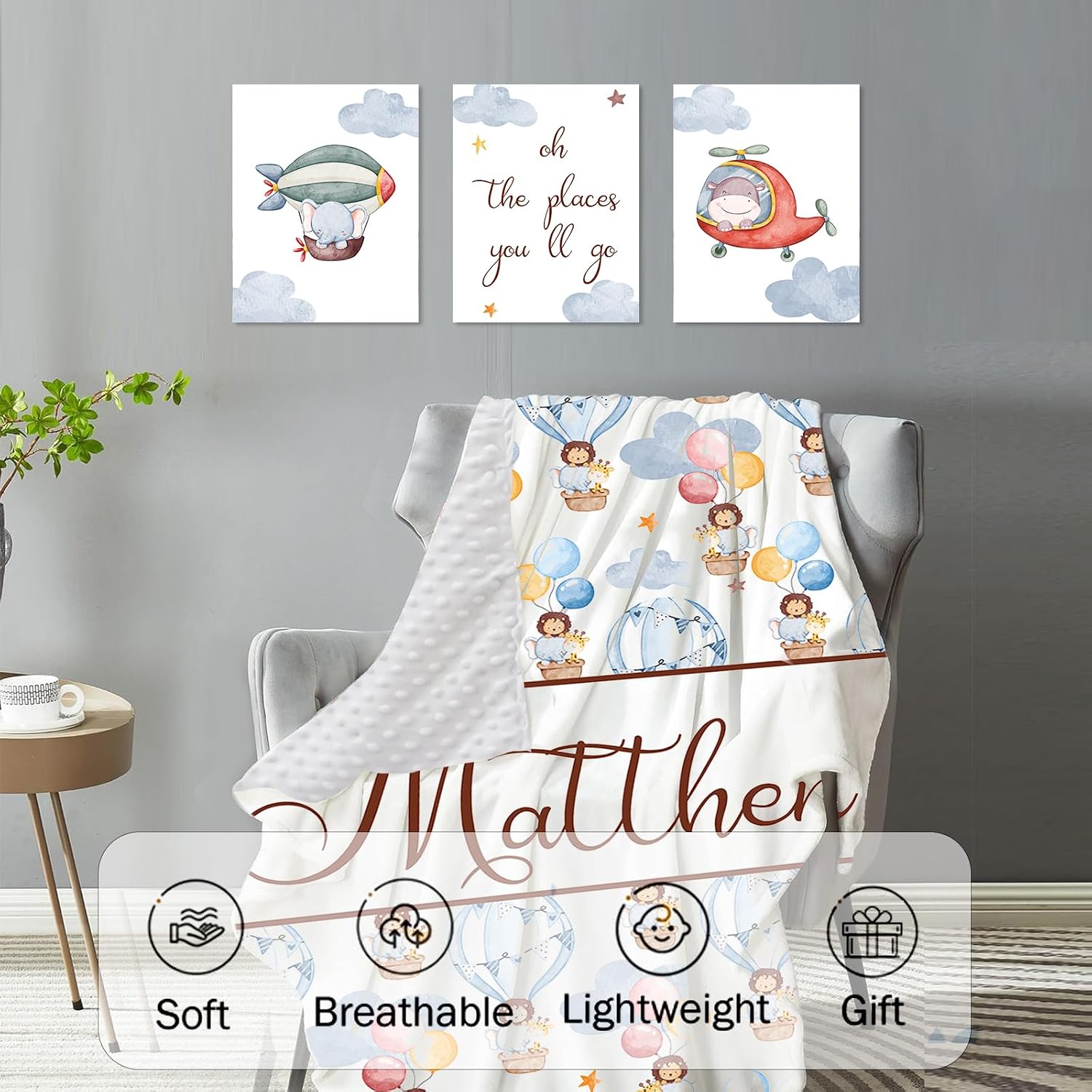 Personalized Crib Bedding Set for Baby Boys Girls, Custom Name Baby Crib Sets 5-Pcs - Toddler Double Layer Blanket Fitted Sheet Changing Pad Cover Rug Wall Art Set, Balloon Clouds Theme Nursery Décor