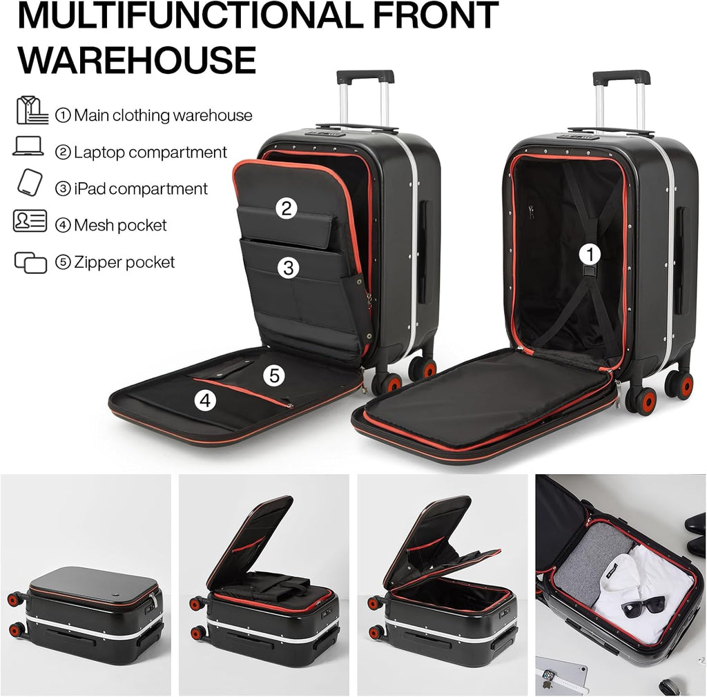 mixi Luggage Suitcase with Spinner Wheels, 24'' Checked Travel Luggage Aluminum Frame PC Hardside with TSA Lock & Cover - Black Hollow Wheel