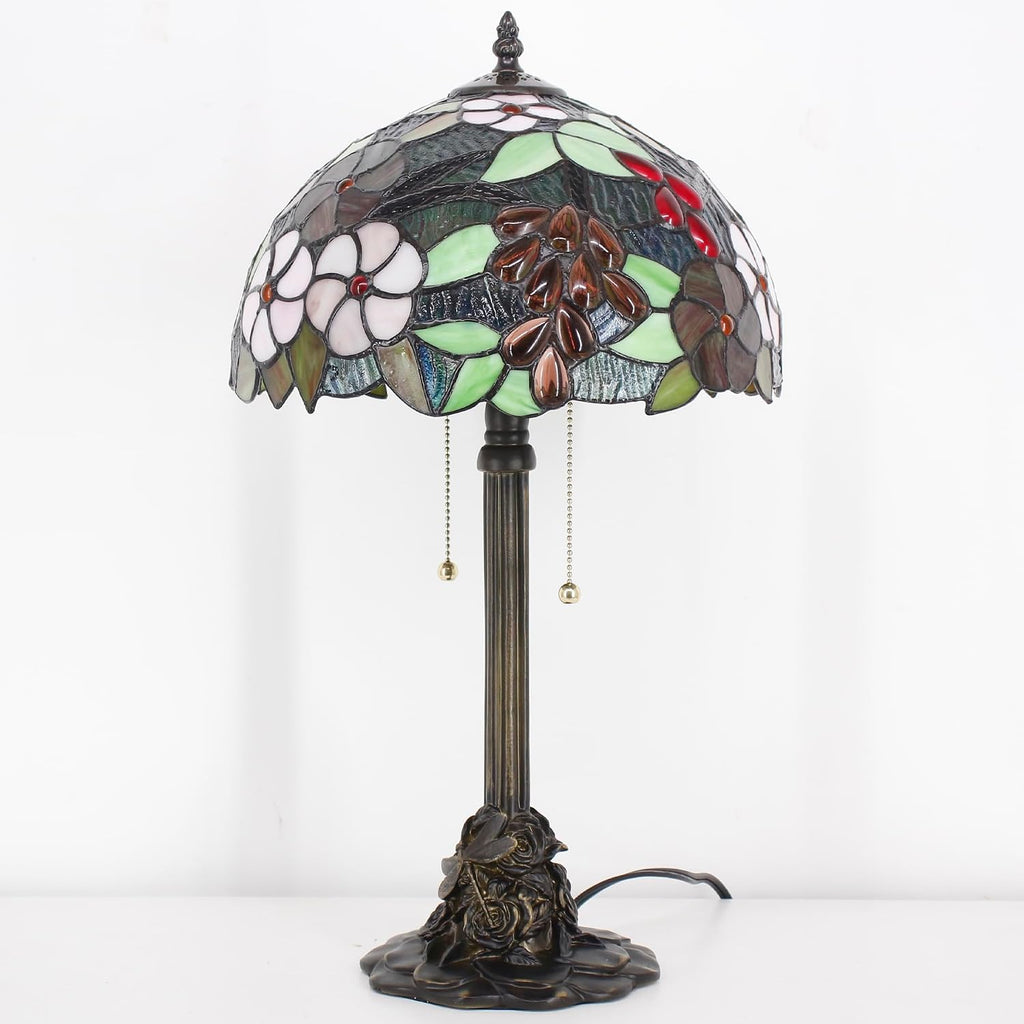 Tiffany Table Lamp Stained Glass Desk Lamp 12X12X21Inch Resin Base for Bedroom Living Room Reading Light (Green Purple Grape)