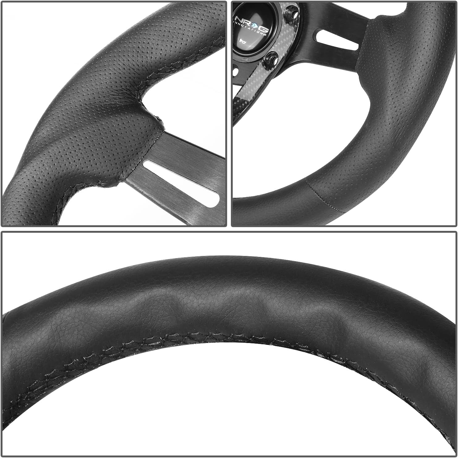 NRG Innovations NRG-RST-002RCF Reinforced Steering Wheel 320mm Sport Lightweight Steering Wheel with Carbon Center Spoke, Black Leather and Rivets
