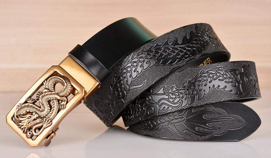 Mens Ratchet Leather Belt, Genuine Leather belts, Engraved Vintage Dragon Eagle Tiger Buckle, Business leisure belt
