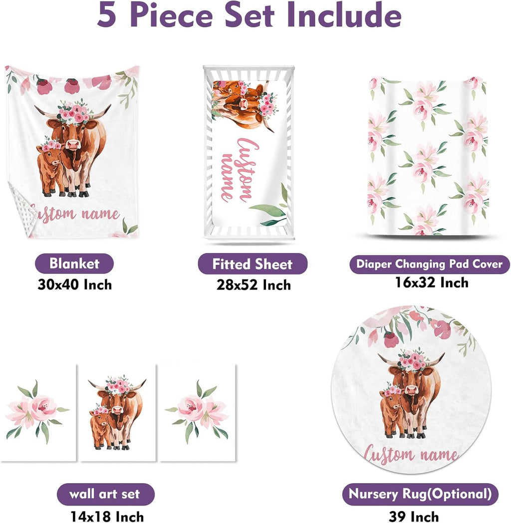Personalized Nursery Crib Bedding Set: Custom Name Pink Flower 5 Piece Baby Crib Sets with Highland Cow Pattern - Toddler Double Layer Blanket Set, Comfortable Crib Bed Sheets for Baby Grils