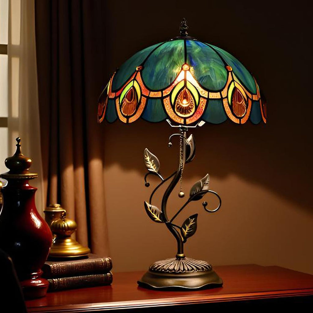 Tiffany Table Lamp, Stained Glass Style Desk Lamp, 12X12X19 Inch,Bedside Reading Light, Metal Leaf Base（Peacock Crystal Style