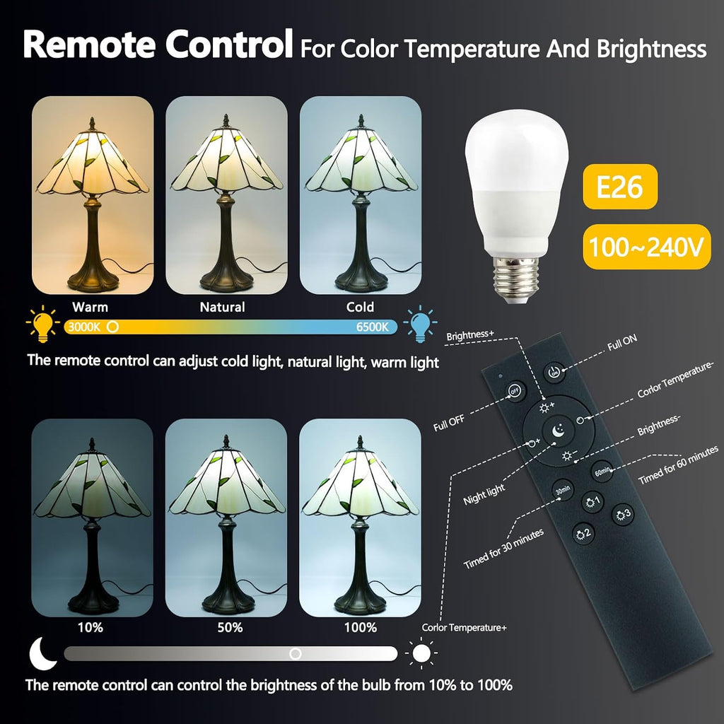 Tiffany Style Table Lamp, Small Stained Glass Lamp for Bedside, Bedroom, Nightstand, Living Room, 12 Inch Mini Vintage Light Included E26 Bulbs with Remote Control (White with Leaves)