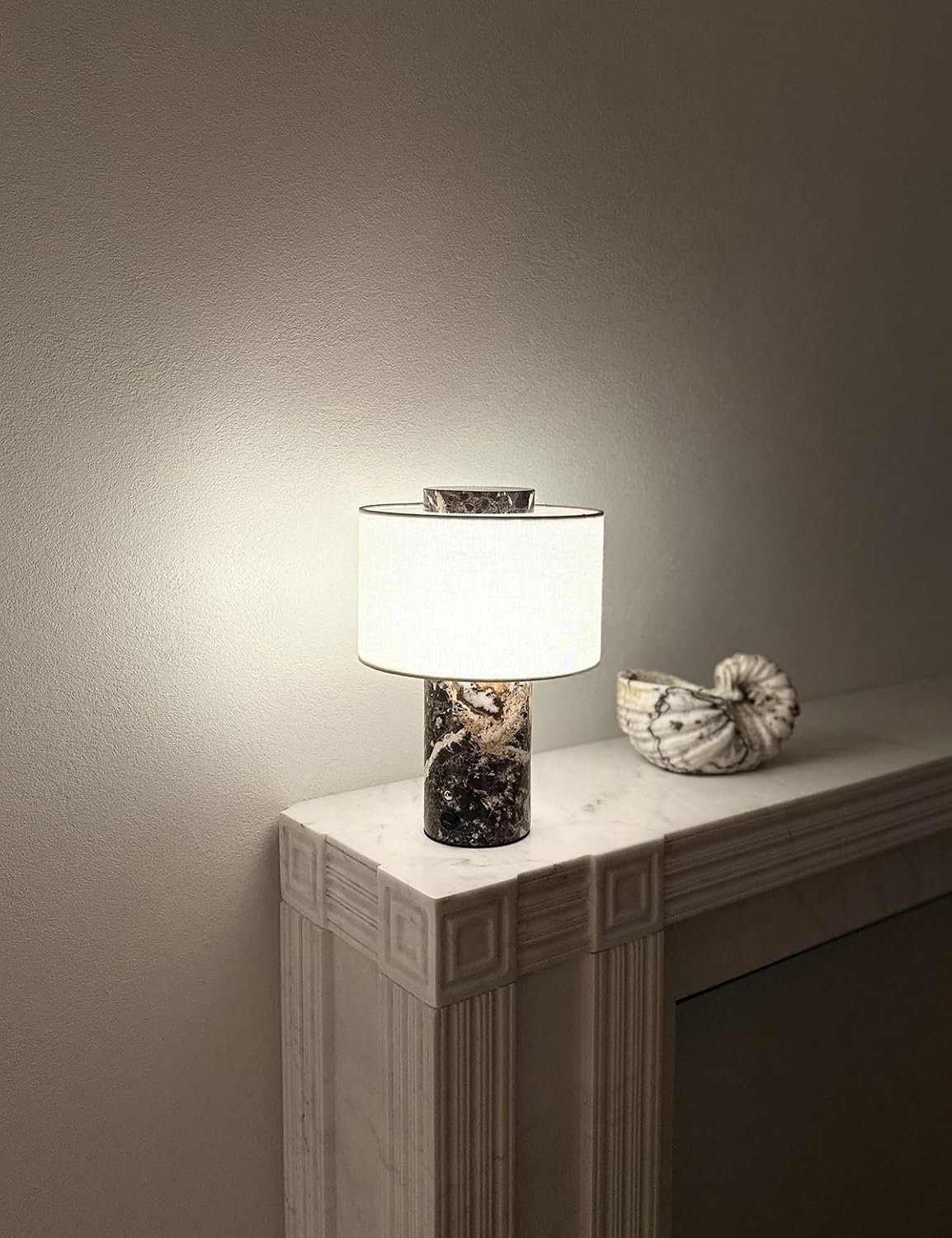 BSOD Marble Lamp, Stone Table Lamps Collection - Modern Cylindrical Lampshade Cordless Luxury Design Bedside Lamp for Home Decor, Bedroom, Living Room & Office (Plug-in Emperador Dark Lamp)