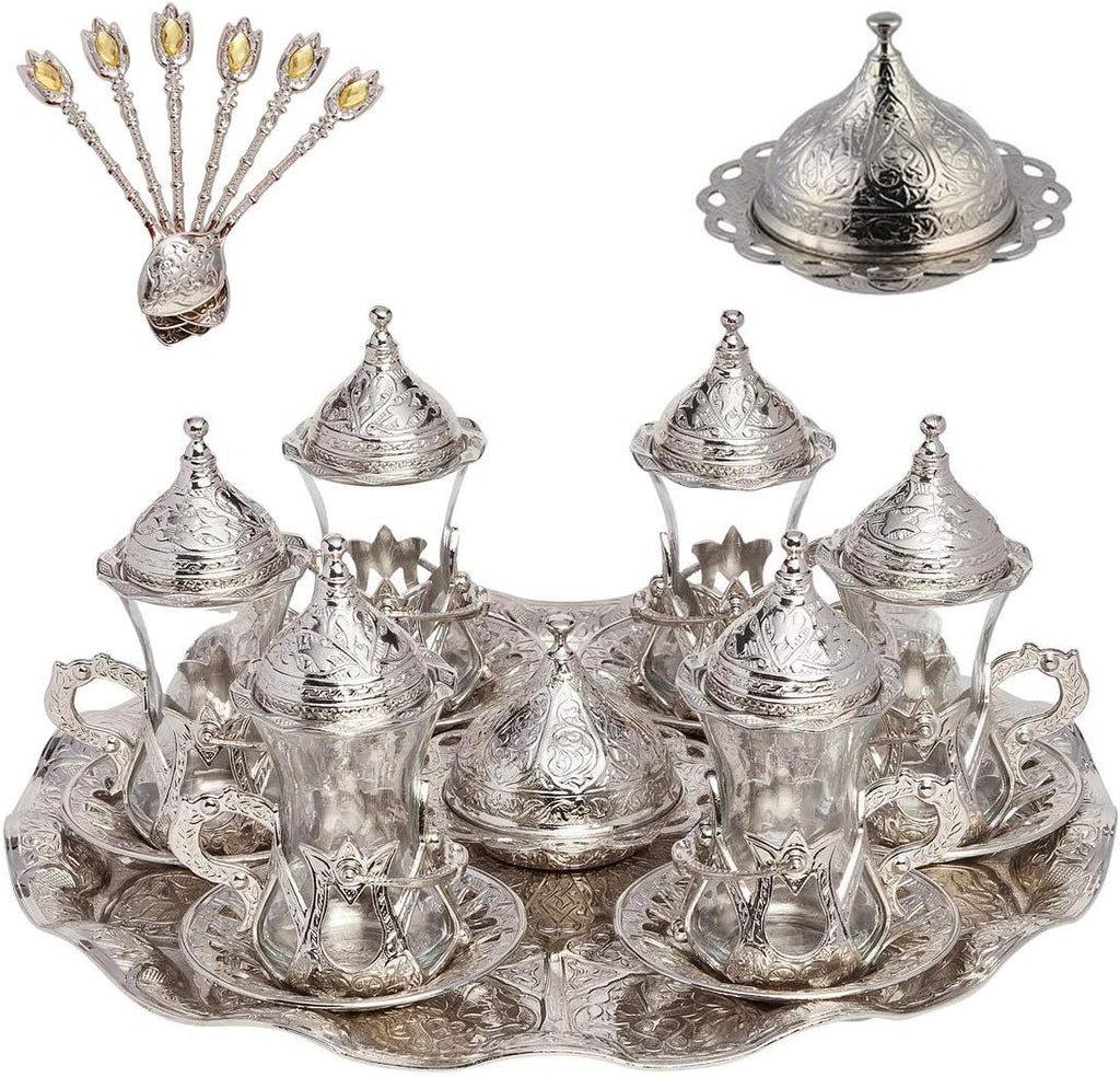 Alisveristime Handmade Turkish Tea Water Zamzam Serving Set Glasses Saucer, Tray and Spoon (Silver)