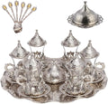 Alisveristime Handmade Turkish Tea Water Zamzam Serving Set Glasses Saucer, Tray and Spoon (Silver)