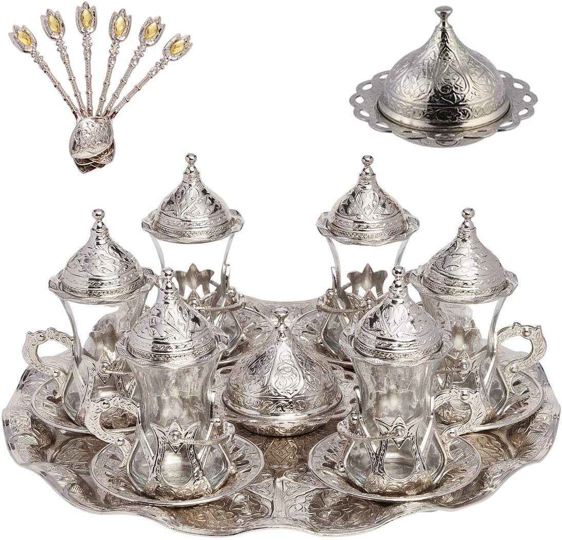 Alisveristime Handmade Turkish Tea Water Zamzam Serving Set Glasses Saucer, Tray and Spoon (Silver)