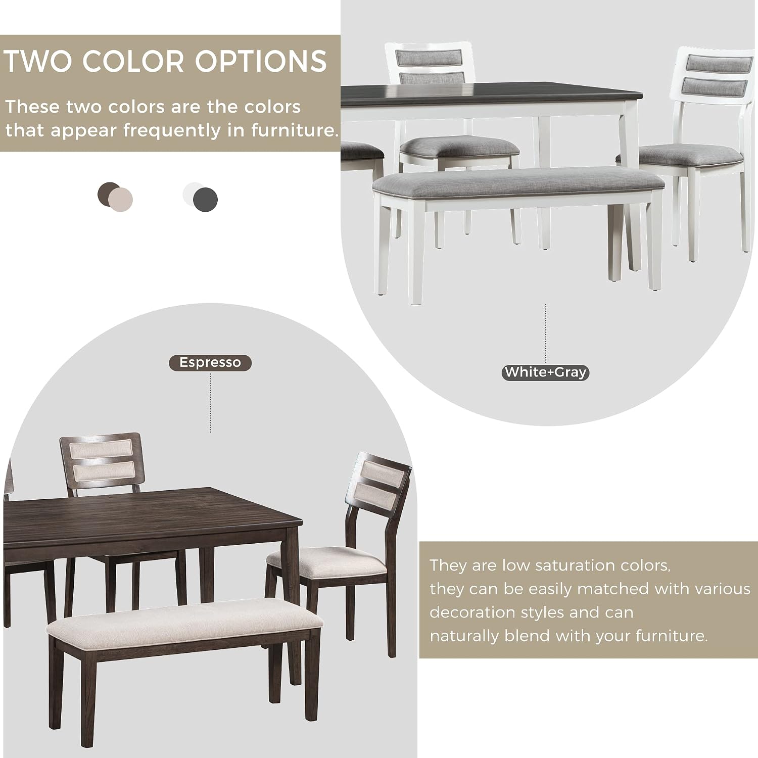 Rustic Farmhouse 6-Piece Kitchen Dining Table Set, Solid Wood Dining Room Set of 6, Classic 60'' Rectangular Table with 4 Upholstered Padded Chairs and Bench (White-3)