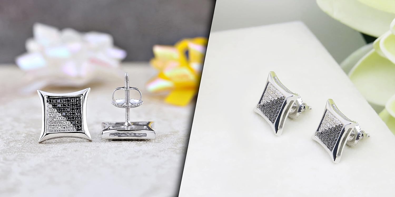 Dazzlingrock Collection 0.25 Carat (ctw) Round Black & White Diamond Micro Pave Kite Shape Hip Hop Iced Out Studs, Screw Back, Unisex Design Ladies, Mens Real Diamond Earrings