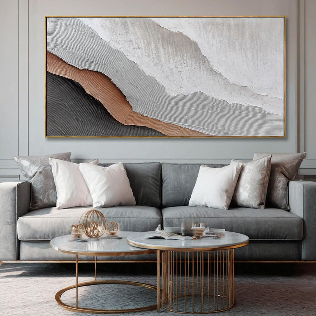 Textured White Wall Art,Grey Abstract Artwork,Large Framed Modern Pictures,Wave Landscape Oil Painting 24'x48'for Home Office Gallery