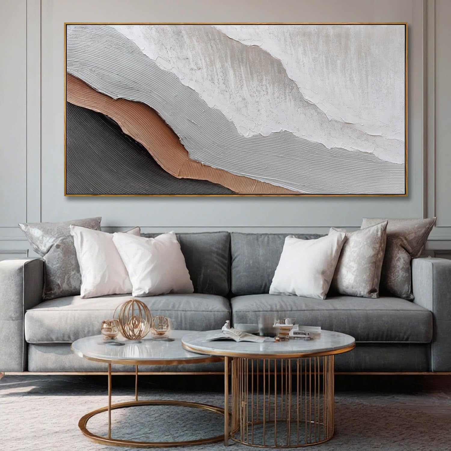Textured White Wall Art,Grey Abstract Artwork,Large Framed Modern Pictures,Wave Landscape Oil Painting 24'x48'for Home Office Gallery